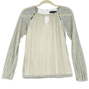 White‎ House Black Market Pleated Metallic Sheer Sleeve Blouse XXS Gold Sparkle